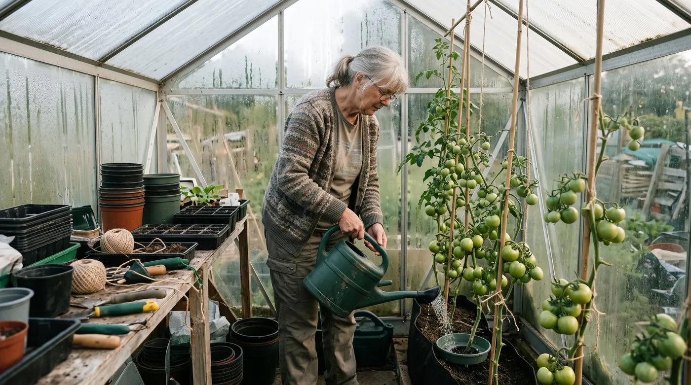 Older woman watering tomato plants at the base in a grow bag inside an allotment greenhouse
