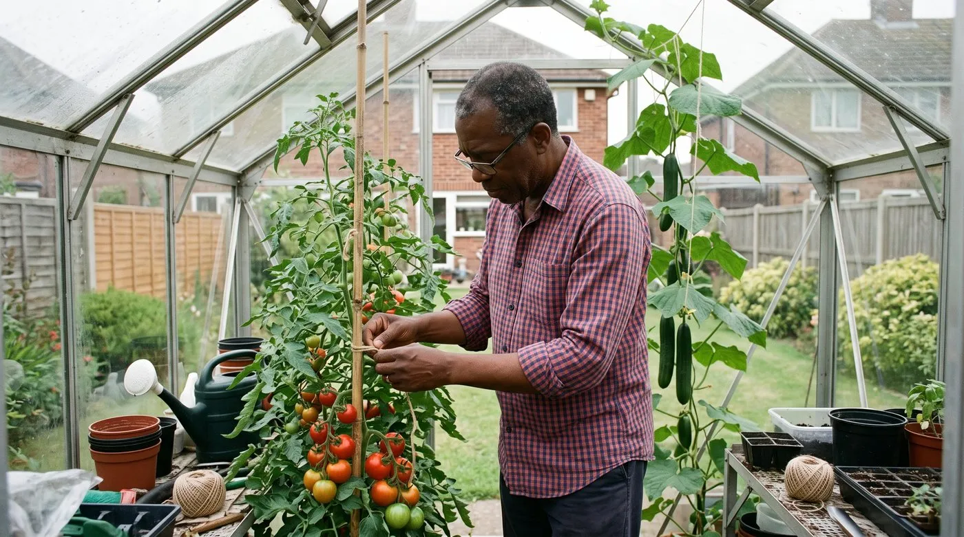Gardener tying a cordon tomato to a cane inside a small greenhouse with cucumbers behind