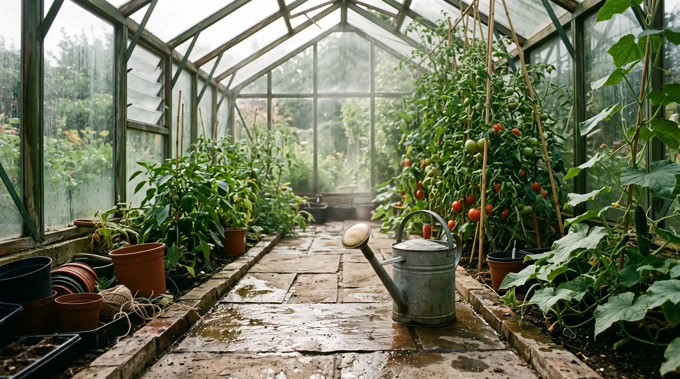 Wet paving in a greenhouse after damping down on a hot morning, with tomatoes and cucumbers on both sides