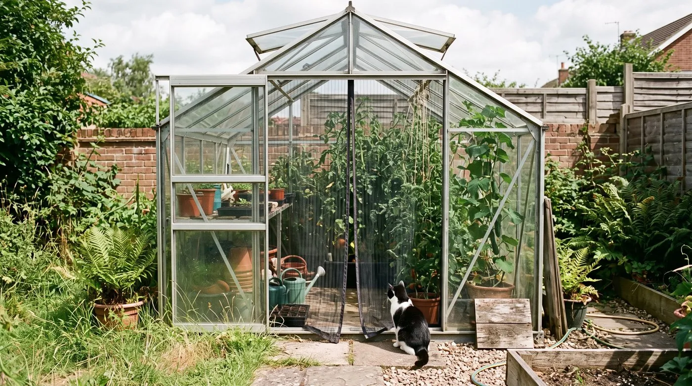 Open greenhouse door with a mesh screen keeping a curious cat out while letting air through