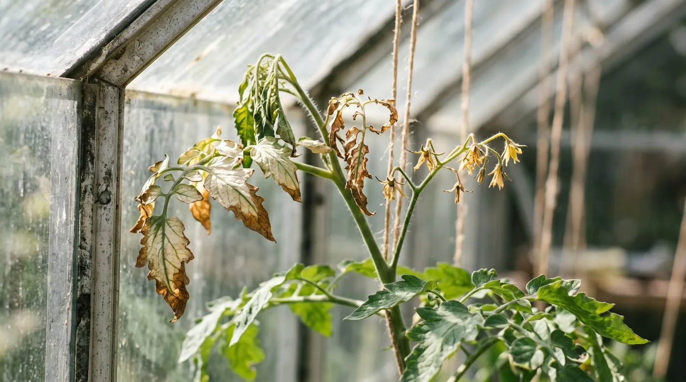 Tomato in a hot greenhouse with bleached, scorched leaves and dropped flowers from overheating