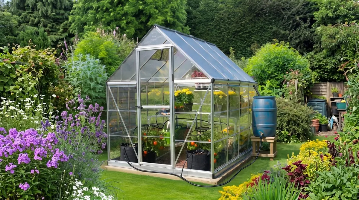 Palram Hybrid greenhouse with drip irrigation lines and water barrel for holiday watering