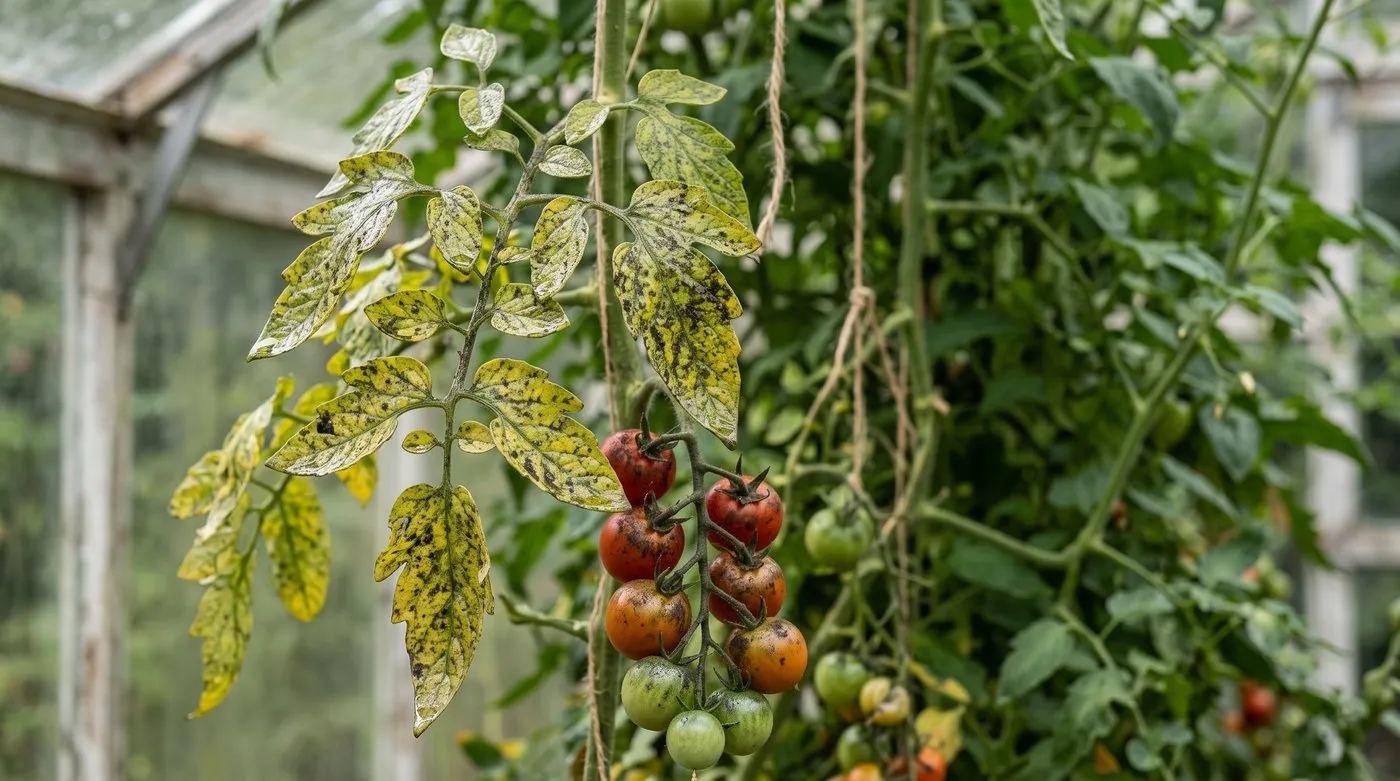 Greenhouse whitefly damage on tomato leaves: sticky honeydew, black sooty mould and yellowing