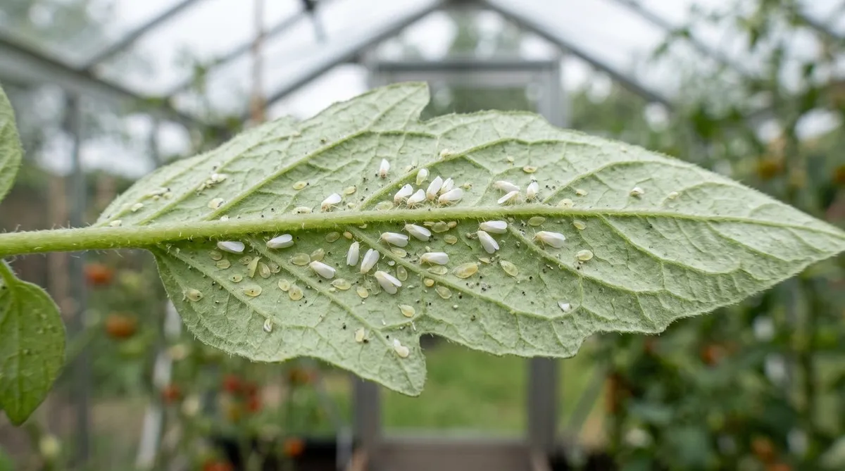 Greenhouse whitefly on the underside of a tomato leaf