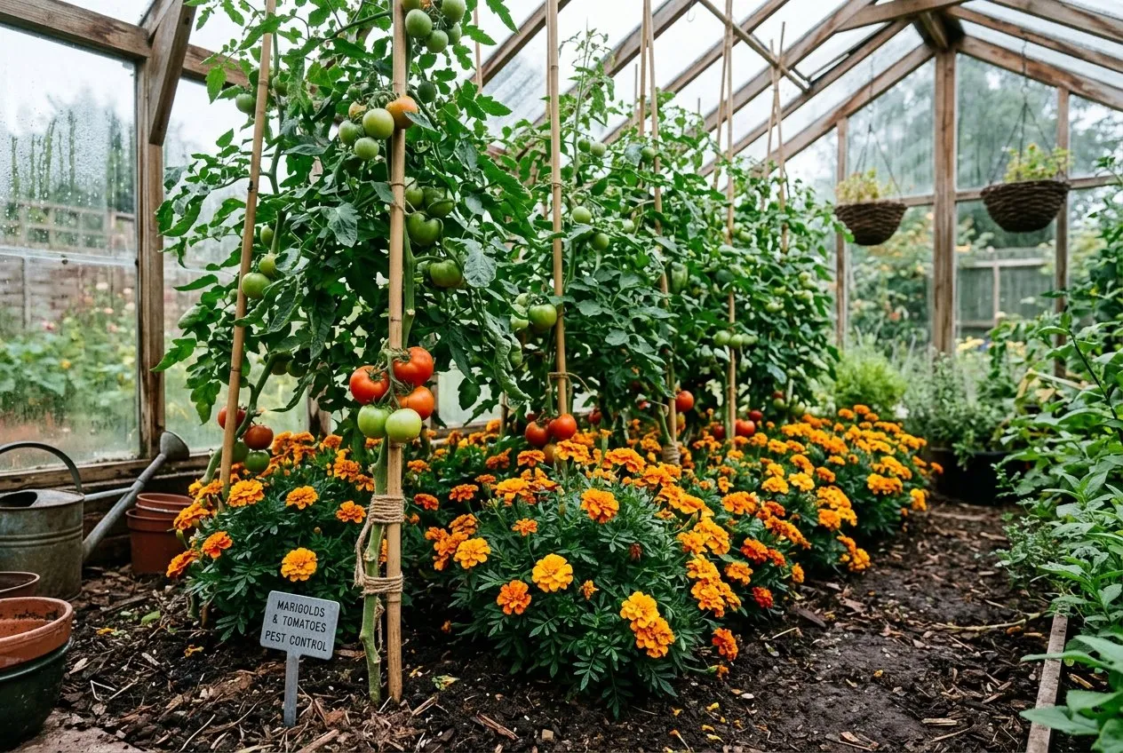 French marigolds planted alongside tomatoes in a greenhouse for whitefly control