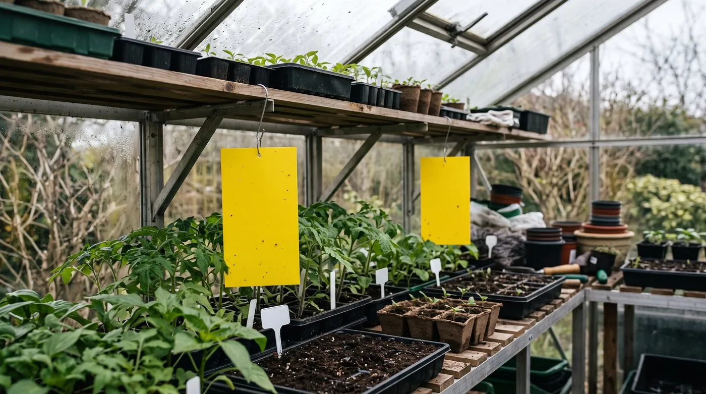 Plain yellow sticky traps hanging at plant height among young tomato plants in a greenhouse in March
