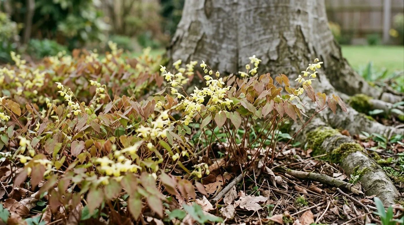 Epimedium ground cover with yellow spring flowers and heart-shaped leaves in dry shade under a beech tree