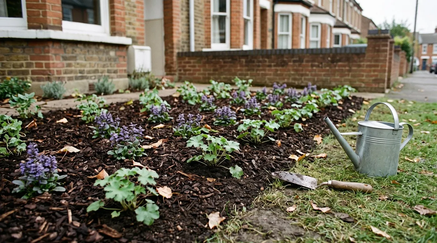 Young ground cover plants set 30cm apart in a zigzag with bark mulch between them to keep weeds down