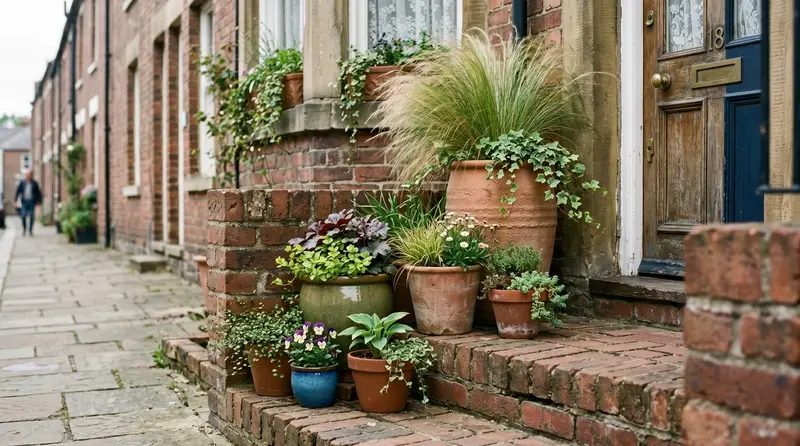 Potscaping group of terracotta and glazed pots at varying heights on a UK terraced doorstep with grasses and trailing plants