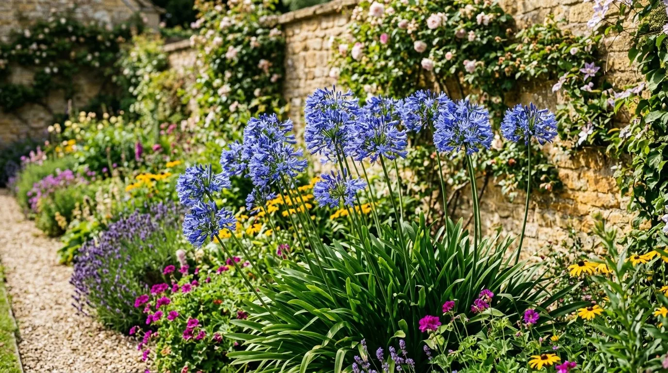 Agapanthus blue trumpet flowers in full bloom in a sunny UK garden border in summer