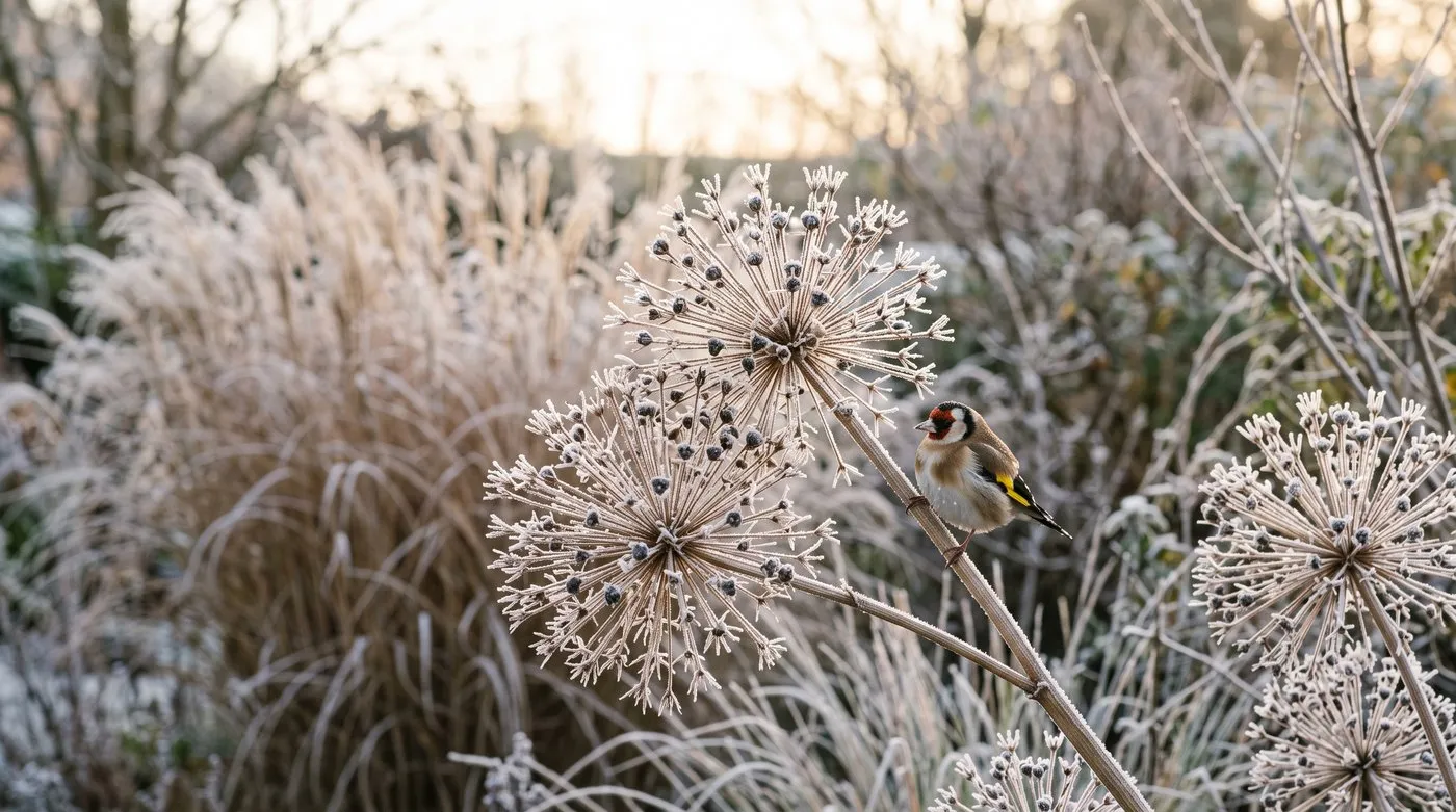 Frosted starry Allium christophii seedheads in a winter border with a goldfinch perched on a stem