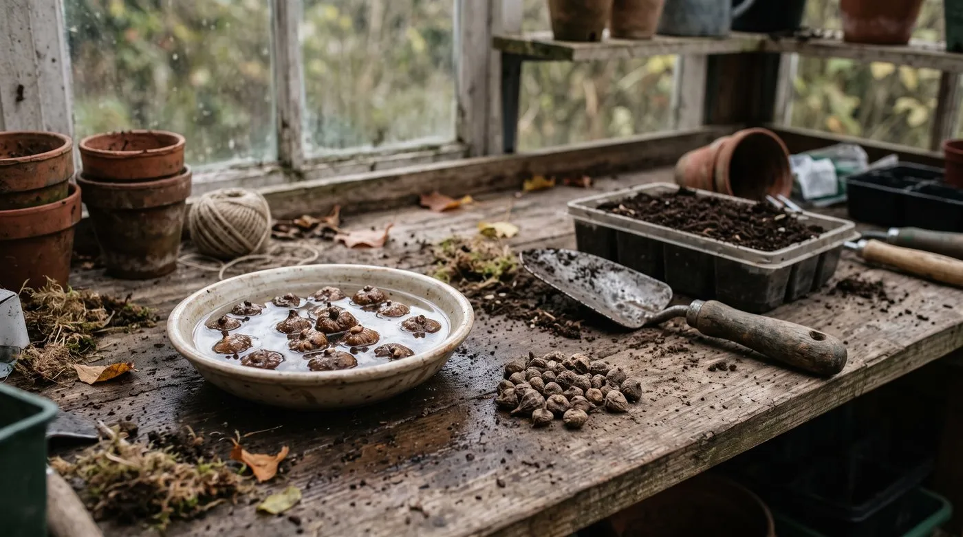 Anemone corms plumped up in a bowl of water beside hard dry corms on a potting bench