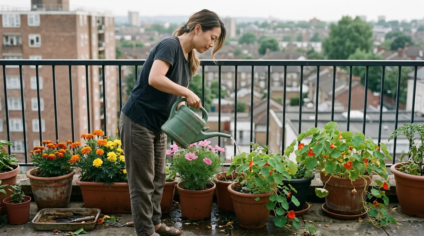 Woman watering pots of annuals grown from seed, marigolds, cosmos and nasturtium, on a city balcony