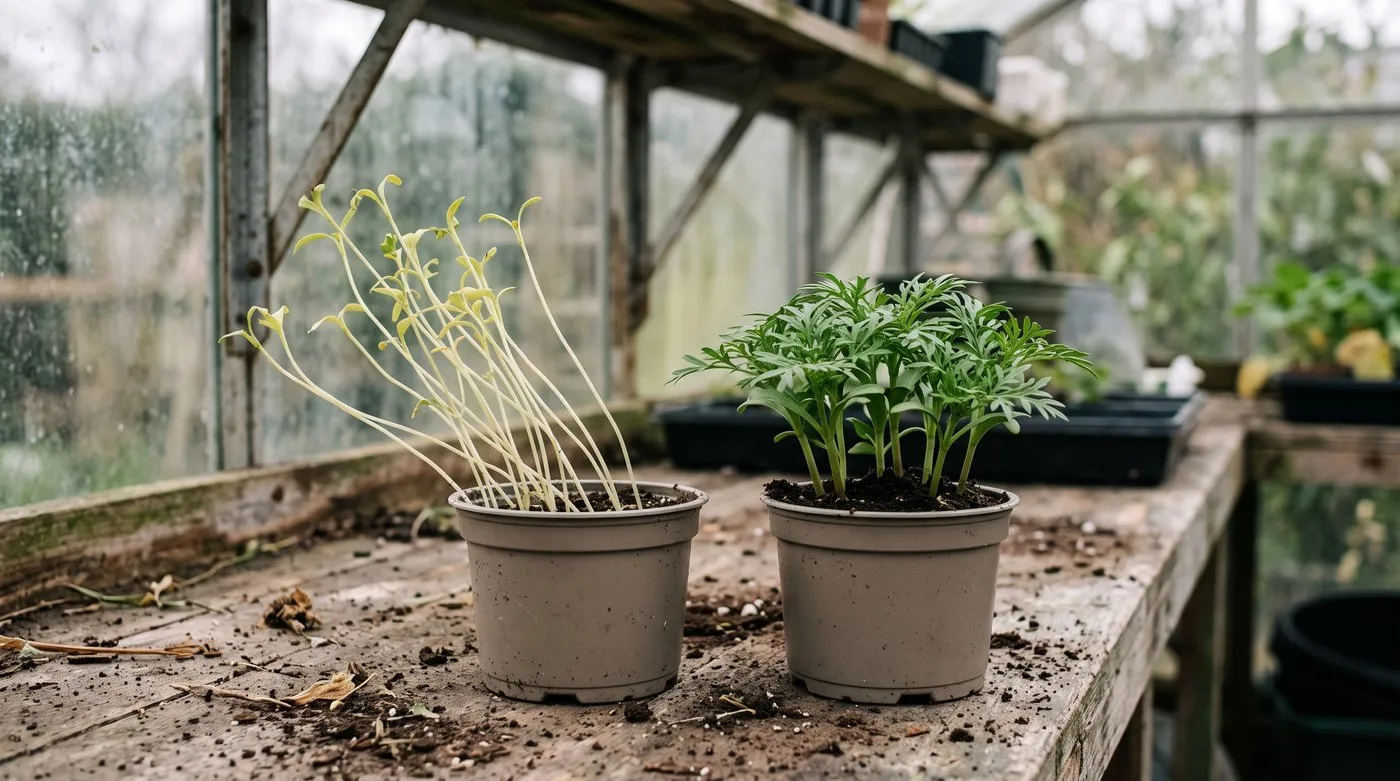 Leggy, stretched annual seedlings next to short, sturdy seedlings grown in good light