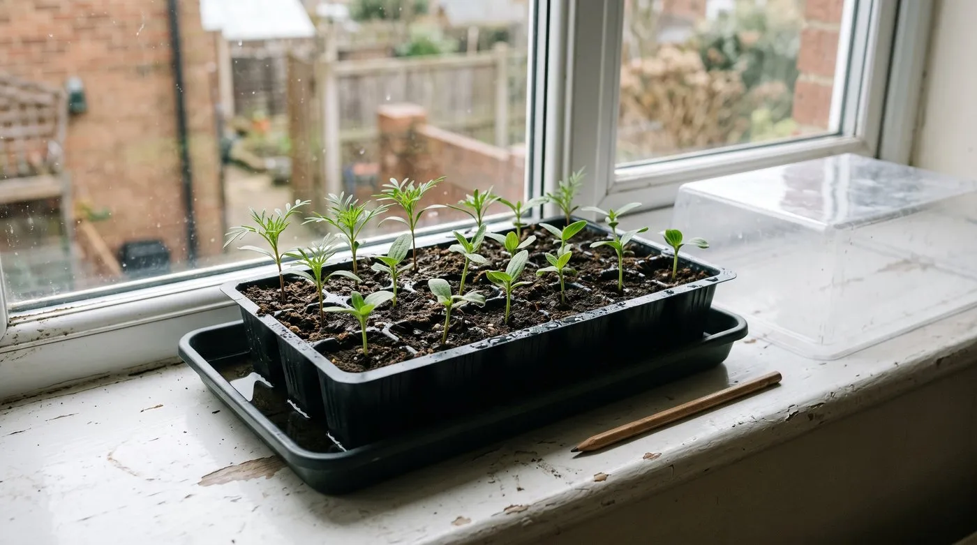 Annual seedlings in a module tray watered from below on a bright windowsill