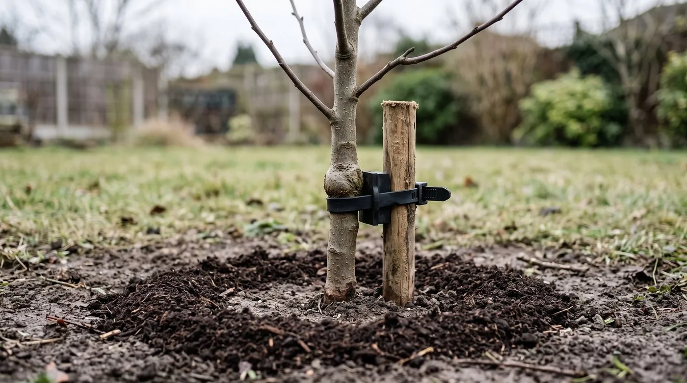 Newly planted apple tree with the graft union well above the soil and a tree tie with a spacer