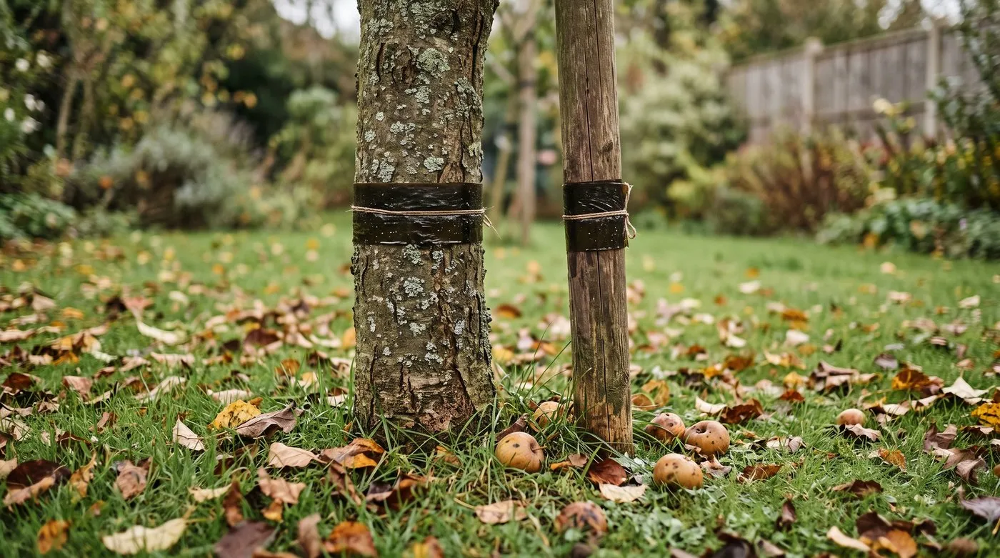 Grease band fitted around an apple tree trunk and stake in October to trap winter moths