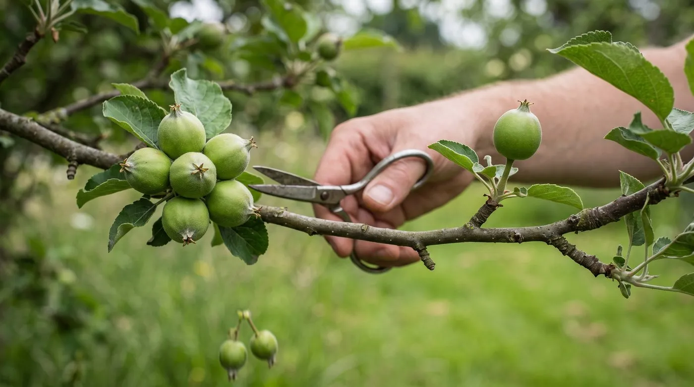 Apple tree branch with one crowded cluster of fruitlets and one thinned to a single fruit