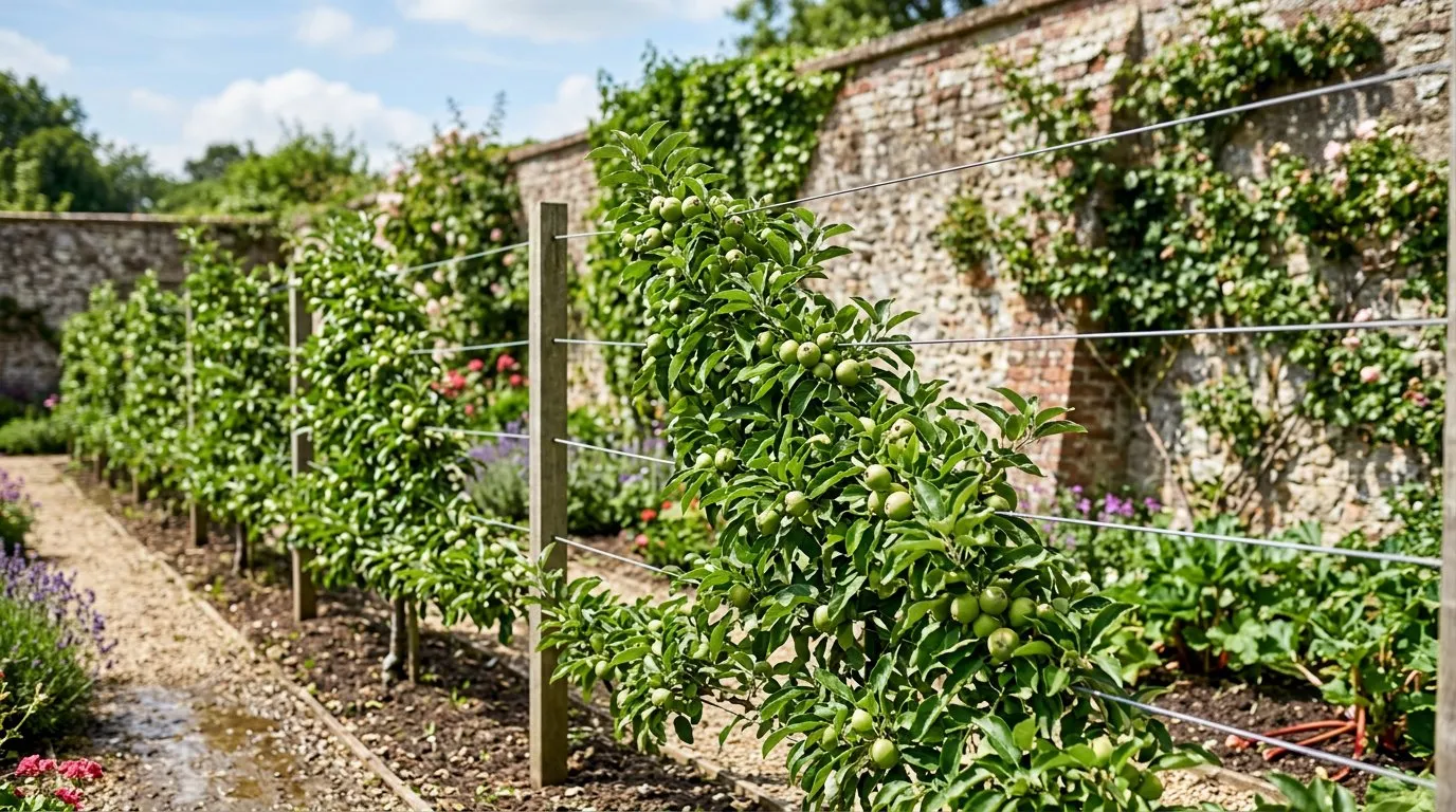 Cordon-trained apple trees at 45 degrees on a wire support system