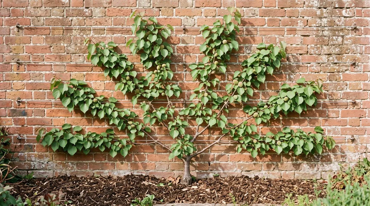 Fan-trained apricot tree tied to wires on a warm south-facing brick wall