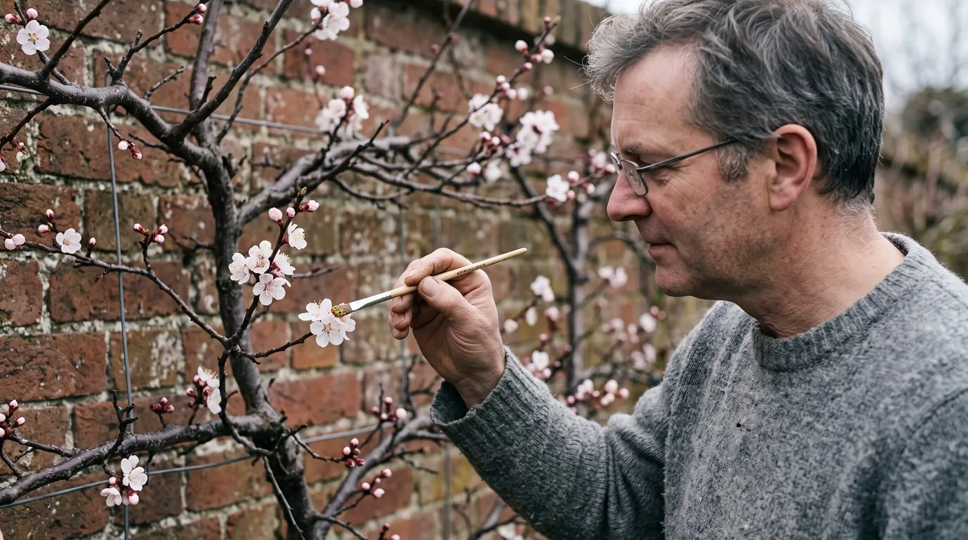 Gardener hand-pollinating apricot blossom on a wall-trained tree with a soft paintbrush