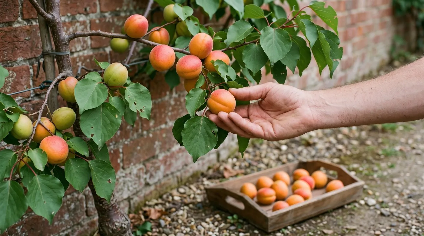 Ripe orange apricots with a red blush on a wall-trained tree, with picked fruit laid in a tray