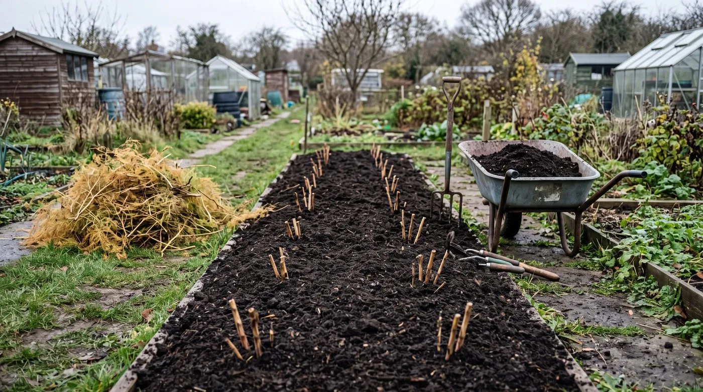 Asparagus bed in autumn with fern cut to 5cm stubs and a thick compost mulch spread over it