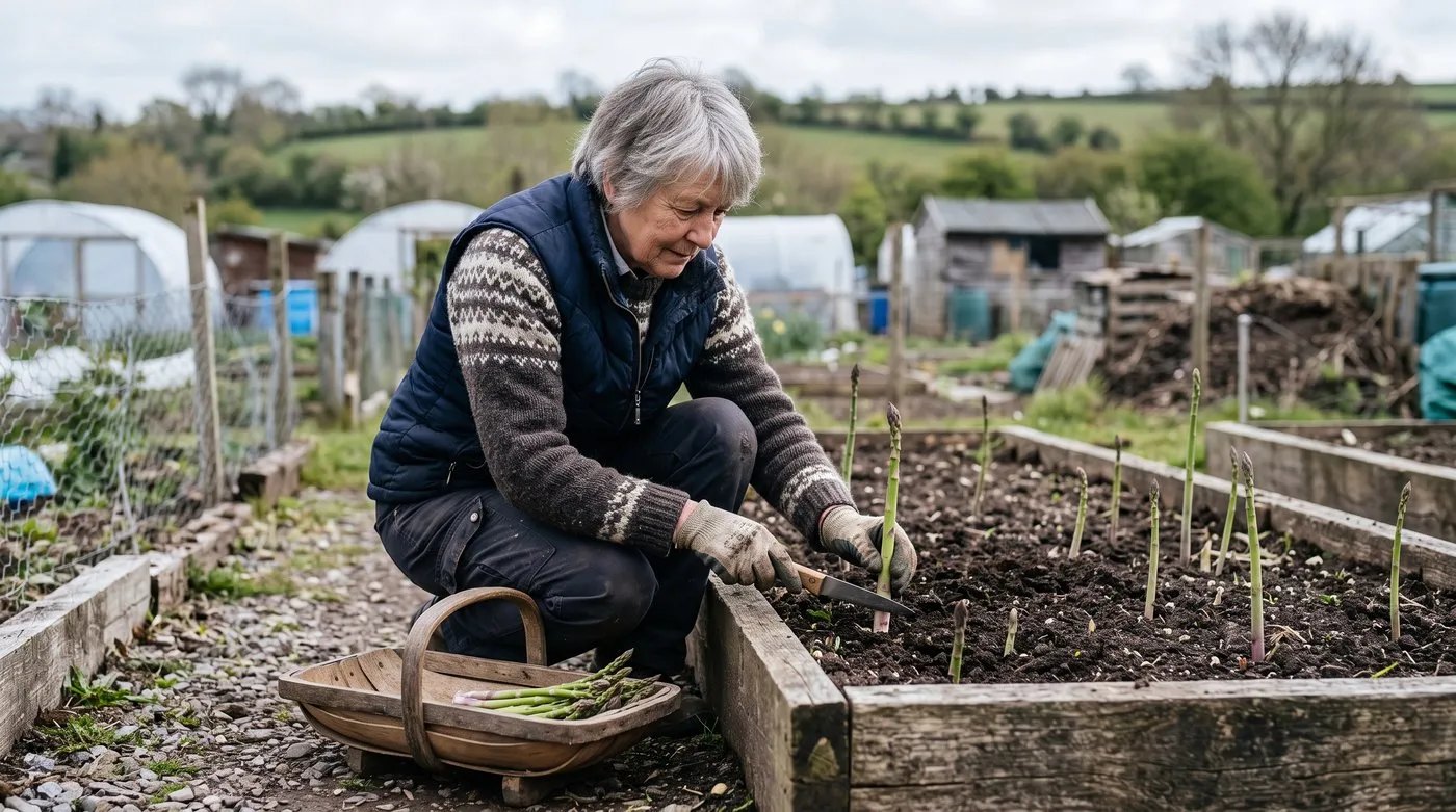 Gardener cutting asparagus spears just below the soil with a sharp knife in May