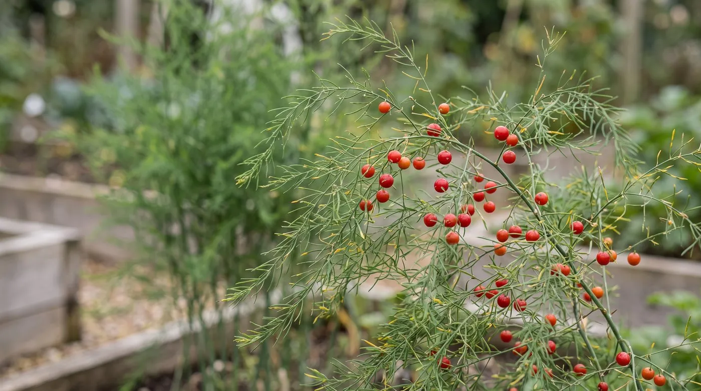 Female asparagus plant fern with small red berries, which seed weedy seedlings into the bed