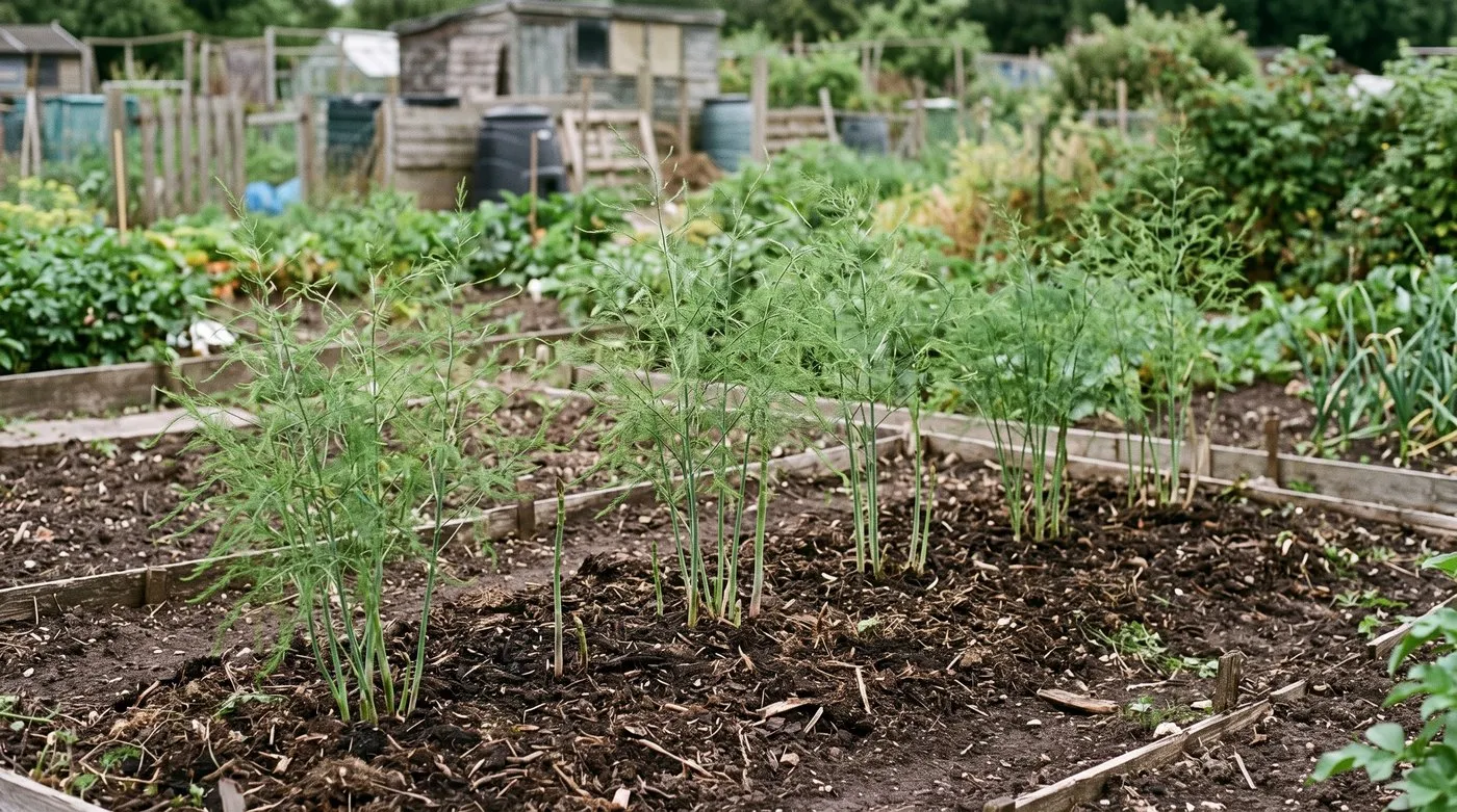 First-year asparagus bed with tall feathery fern growing from young crowns on an allotment