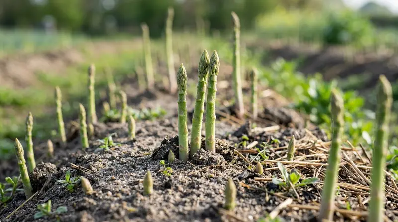 Fresh green asparagus spears emerging from sandy soil in spring