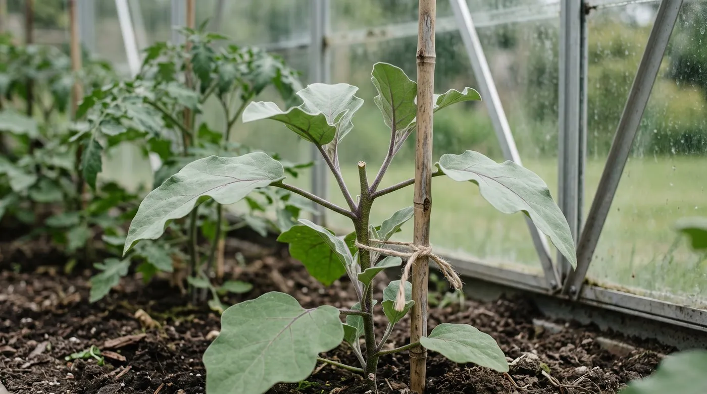 Young aubergine plant with its growing tip pinched out and side shoots forming, tied to a cane in a greenhouse