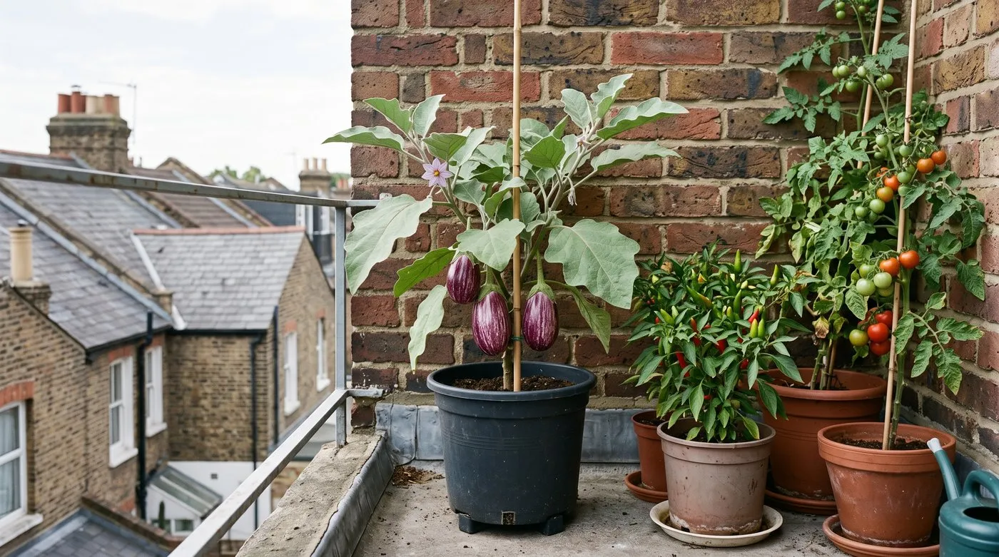 Striped aubergine plant growing in a large dark pot on a sunny city balcony with a cane for support