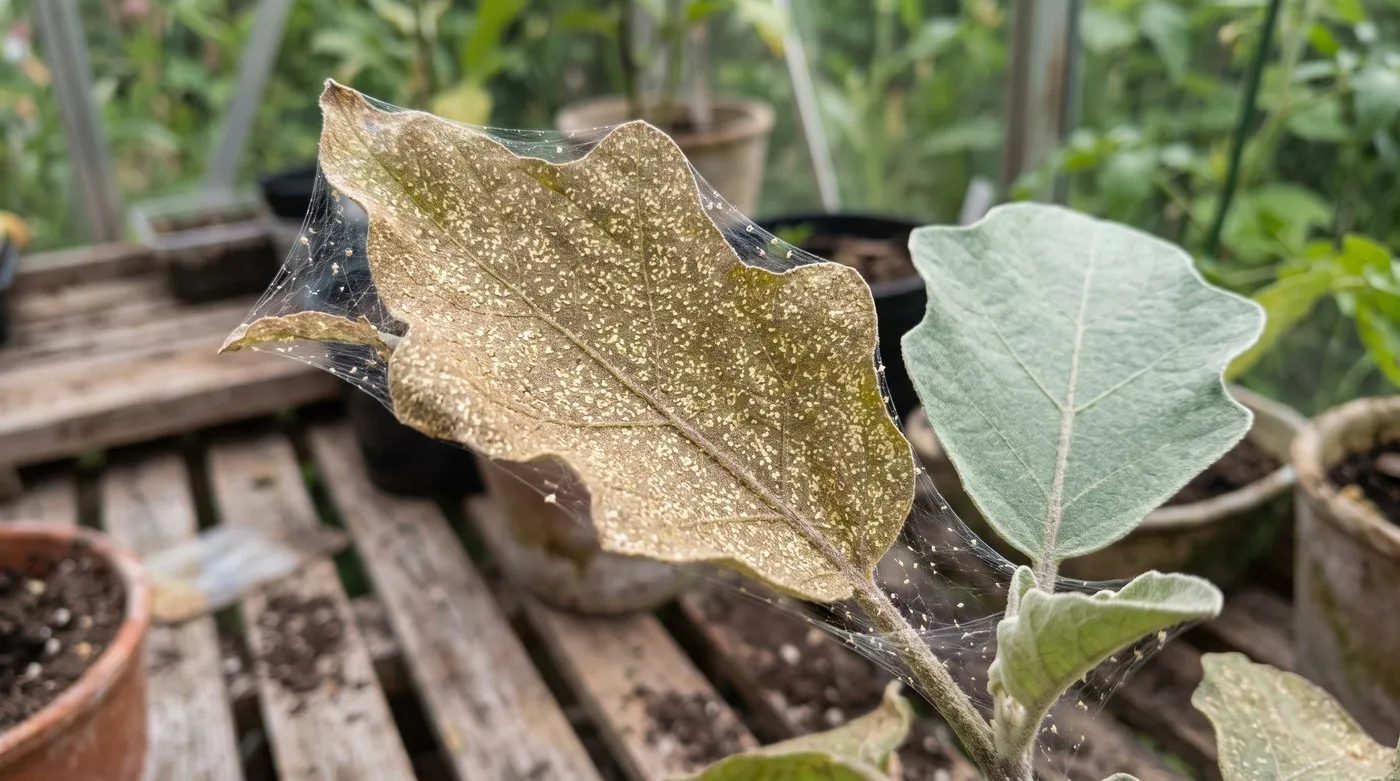 Aubergine leaf with fine yellow speckling and webbing from red spider mite, next to a healthier leaf