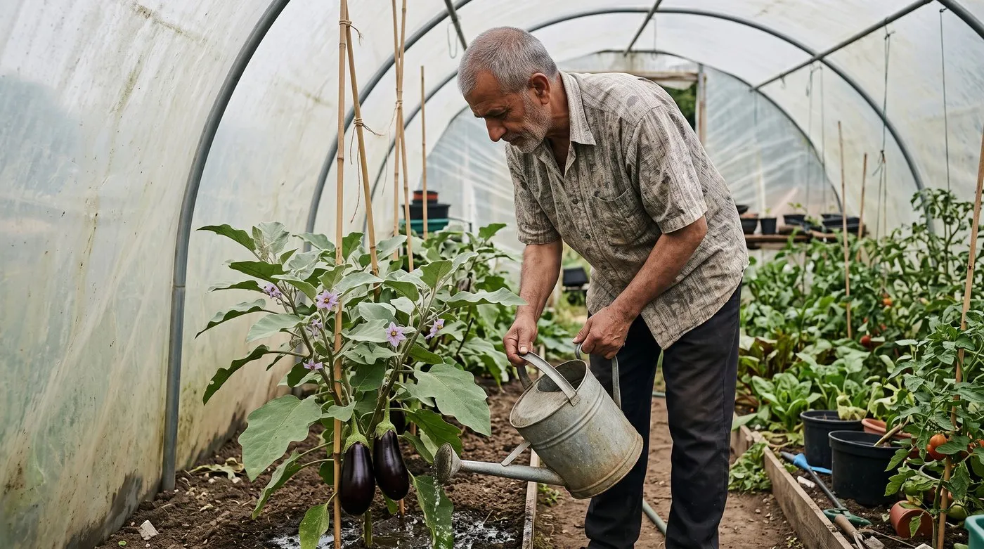 Man watering an aubergine plant at the base in a polytunnel, with glossy purple fruits hanging below the leaves
