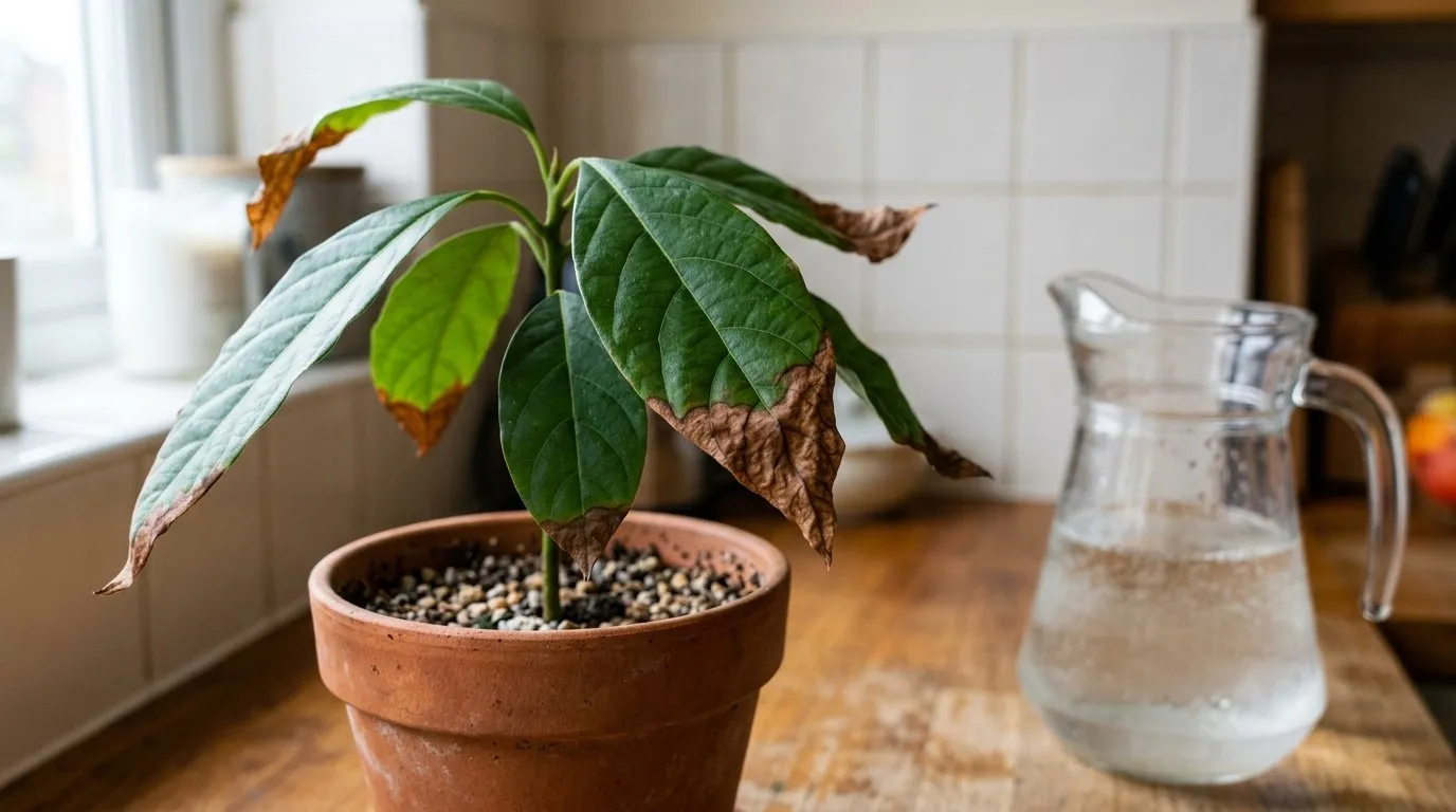 Avocado houseplant grown from stone with brown leaf tips beside a jug of rainwater on a UK kitchen counter