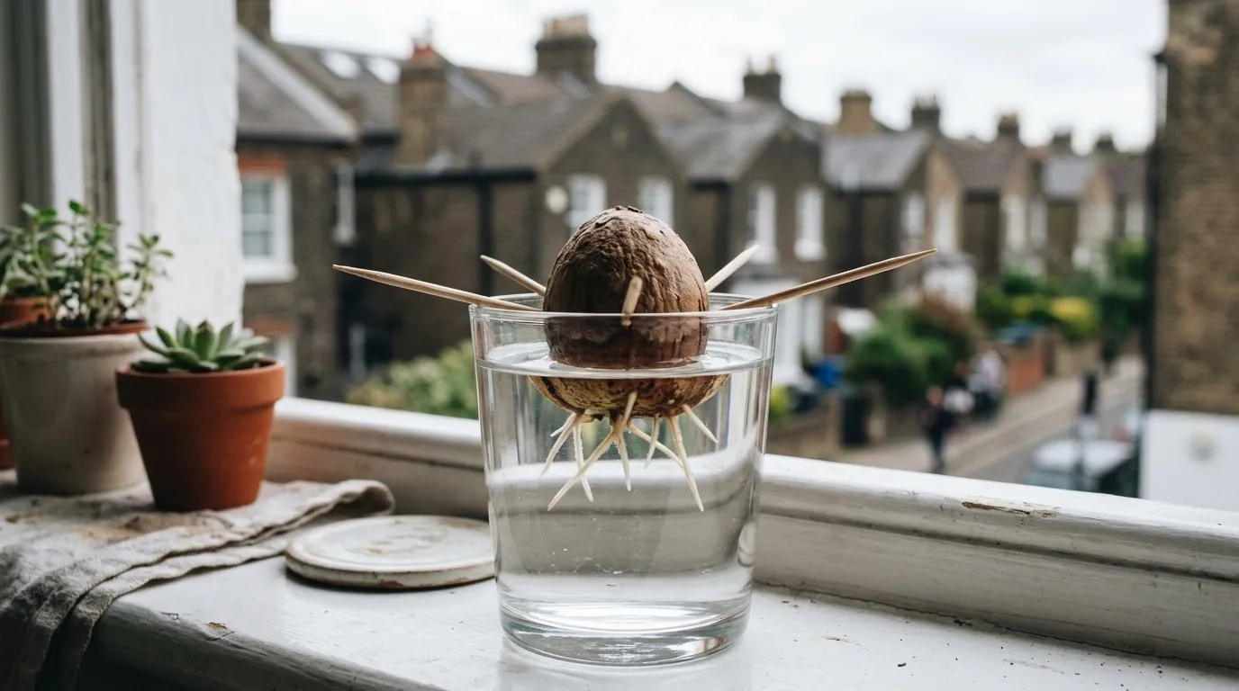 Avocado stone suspended on cocktail sticks over a glass of water on a city flat windowsill