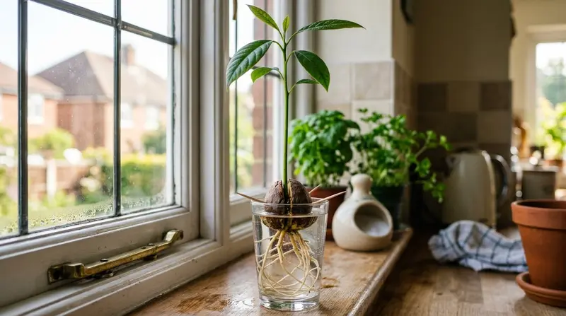Avocado grown from stone sprouting a green shoot on a suburban UK kitchen windowsill