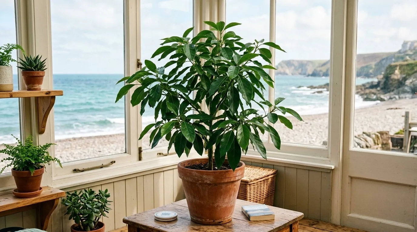 Mature bushy avocado plant grown from stone in a large pot in a bright coastal UK sunroom