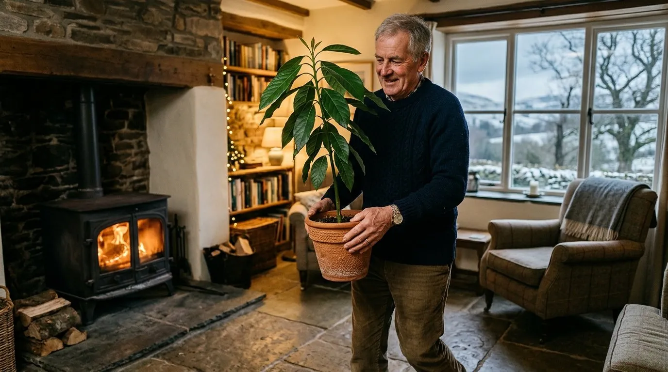 Avocado plant grown from stone being moved to a warm bright room for winter in a Welsh stone cottage