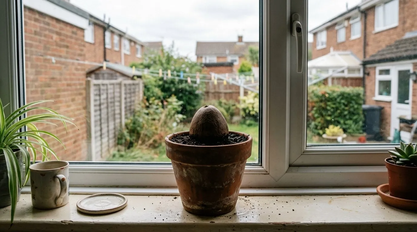 Compost method to grow avocado from stone, a pit half-buried in a pot on a council-estate terrace windowsill