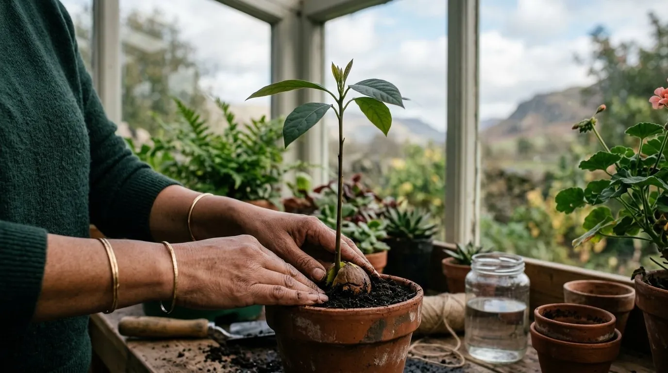Young avocado plant potted on into a terracotta pot in a Lake District cottage conservatory