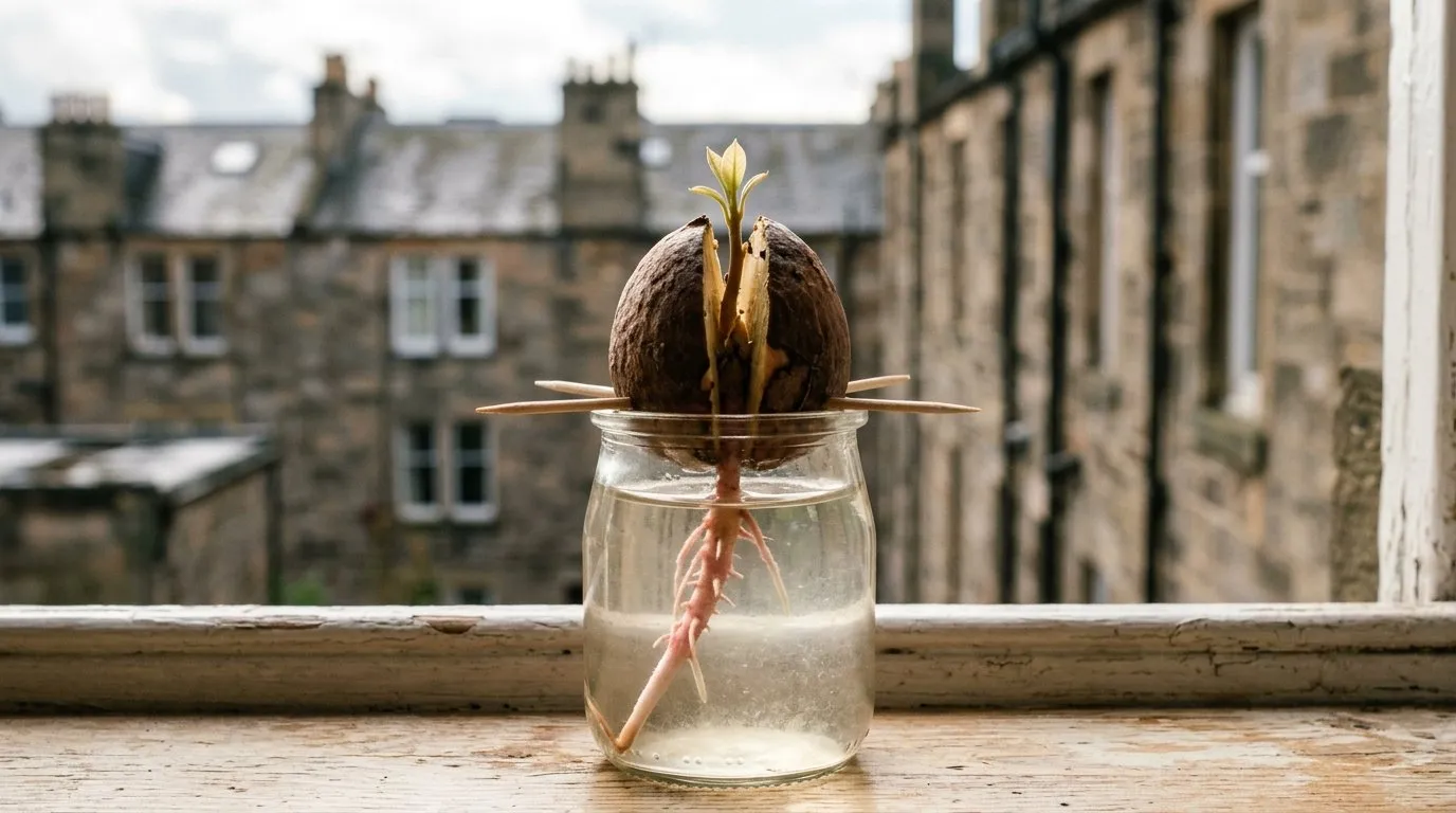 Split avocado stone showing a pink taproot and first shoot when you grow avocado from stone