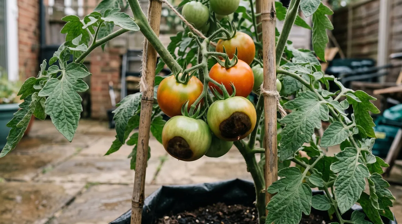 Tomatoes in a grow bag with blossom end rot: dark, sunken leathery patches on the base of the fruit