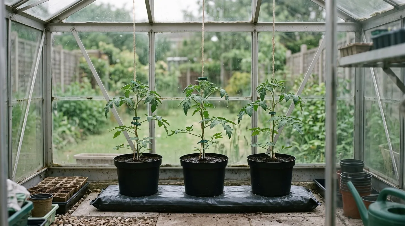 Ring culture pots on a grow bag in a greenhouse, each holding a young tomato plant on a string