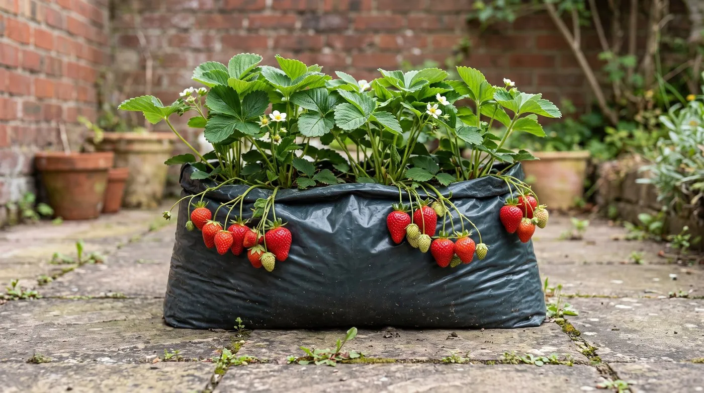 Strawberry plants in a grow bag on a patio with ripe red fruit hanging over the edge