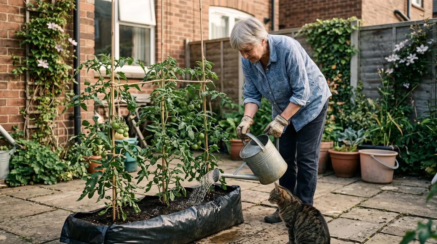 Older woman slowly watering along a grow bag of tomato plants on a patio while a tabby cat watches