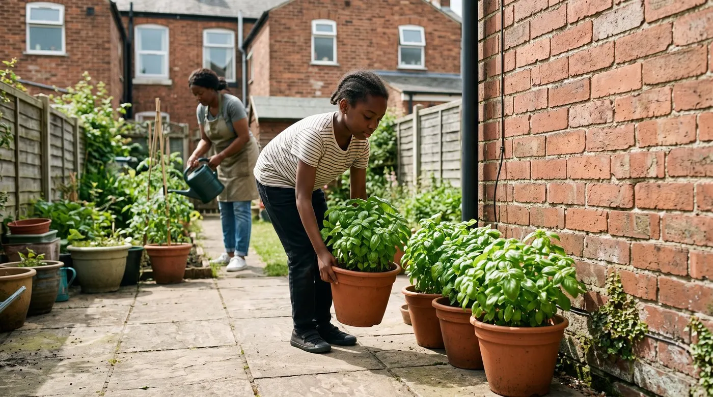 Girl placing a pot of basil against a sunny brick wall on a patio with other basil pots