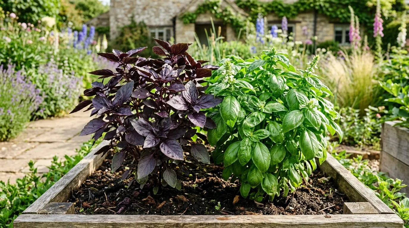 Purple basil and sweet Genovese basil growing side by side in a UK garden raised bed
