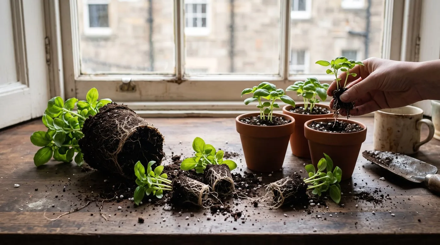 Crowded pot of basil split into small rooted clumps and repotted into terracotta pots on a kitchen worktop
